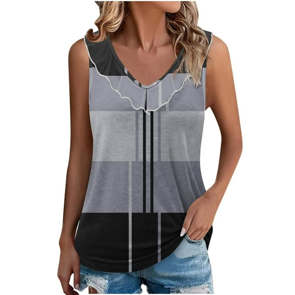 Lenpel Women's Tank Tops Summer Casual Ruffle Trim V Neck Color Block Sleeveless T-Shirts Camisole Tunic Tees