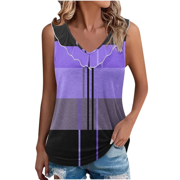 Lenpel Women's Tank Tops Summer Casual Ruffle Trim V Neck Color Block Sleeveless T-Shirts Camisole Tunic Tees