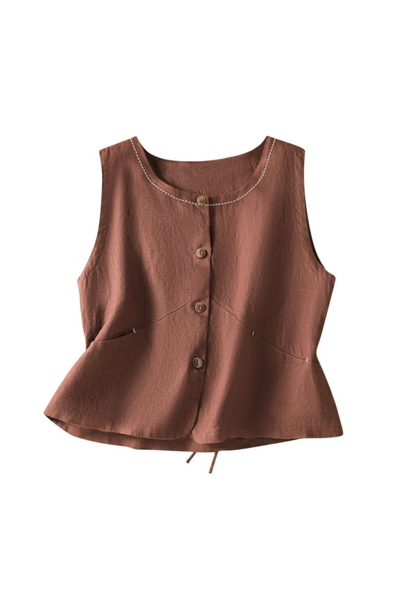 Women's Tank Tops Summer Crew Neck Tie Back Pleated Sleeveless Button down Shirts Casual Cami Blouses