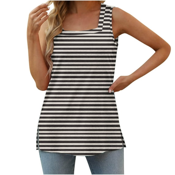 Lenpel Women's Tank Tops Trendy Summer Striped Square Neck Side Split Sleeveless T-Shirts Casual Tunic Tee Blouses