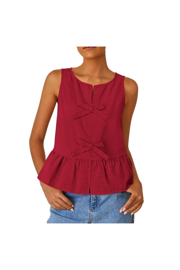 Women's Tank Tops Casual Crew Neck Bow Knot Front Sleeveless Babydoll Cotton Linen Tops Trendy Summer Blouses