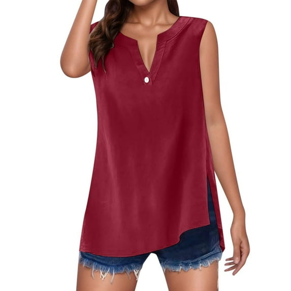 Lenpel Women's Tank Tops Casual Loose V Neck Side Split Tunic Sleeveless Blouses Summer Beach Vacation Outfits