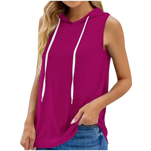 Lenpel Women's Tank Tops Lightweight Drawstring Solid Color Tunic Pullover Hooded Vests Summer Casual Sleeveless T-Shirts