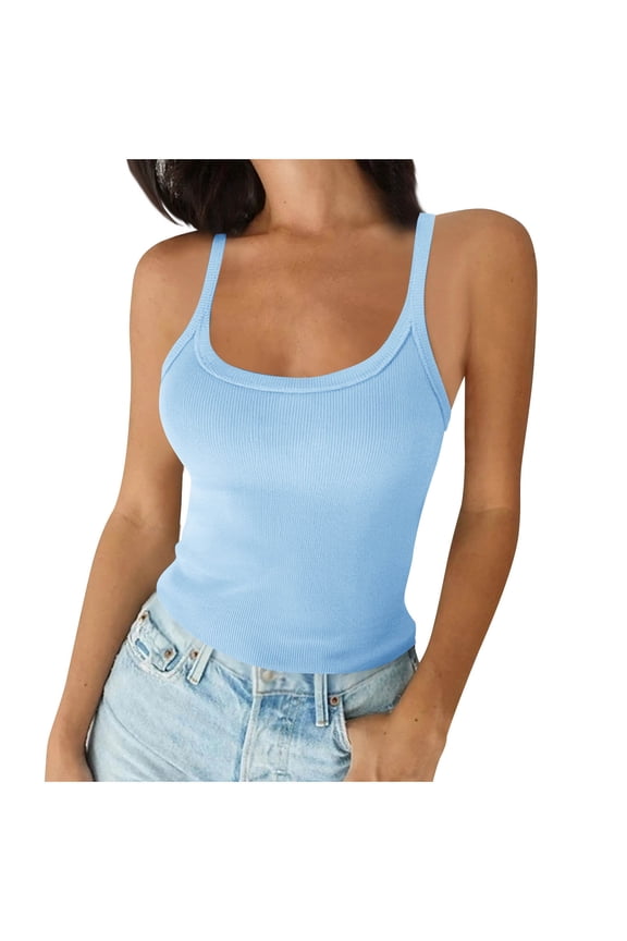 Women's Tank Tops Ribbed Spaghetti Strap Scoop Neck Slim Sleeveless Basic Tees Trendy Summer Cami Shirts