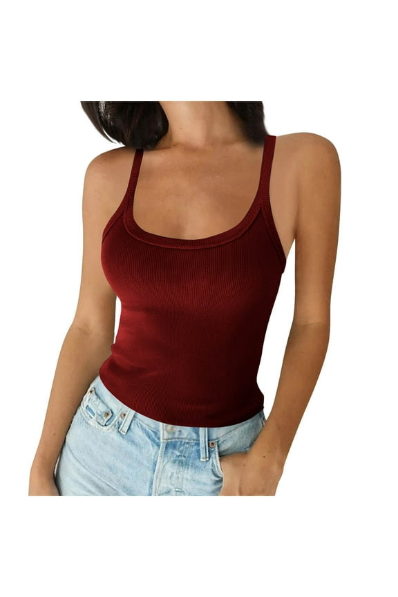 Women's Tank Tops Ribbed Spaghetti Strap Scoop Neck Slim Sleeveless Basic Tees Trendy Summer Cami Shirts