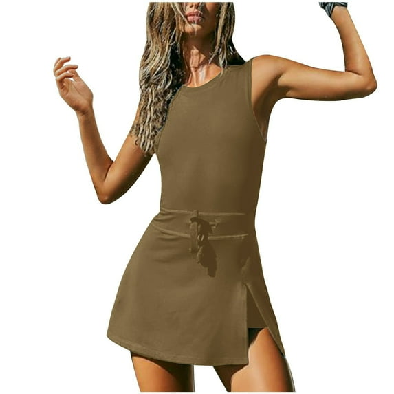 Lenpel Women's Tennis Dress Sleeveless Crew Neck Open Back Side Split Mini Workout Dress with Built in Shorts Summer Athletic Dresses