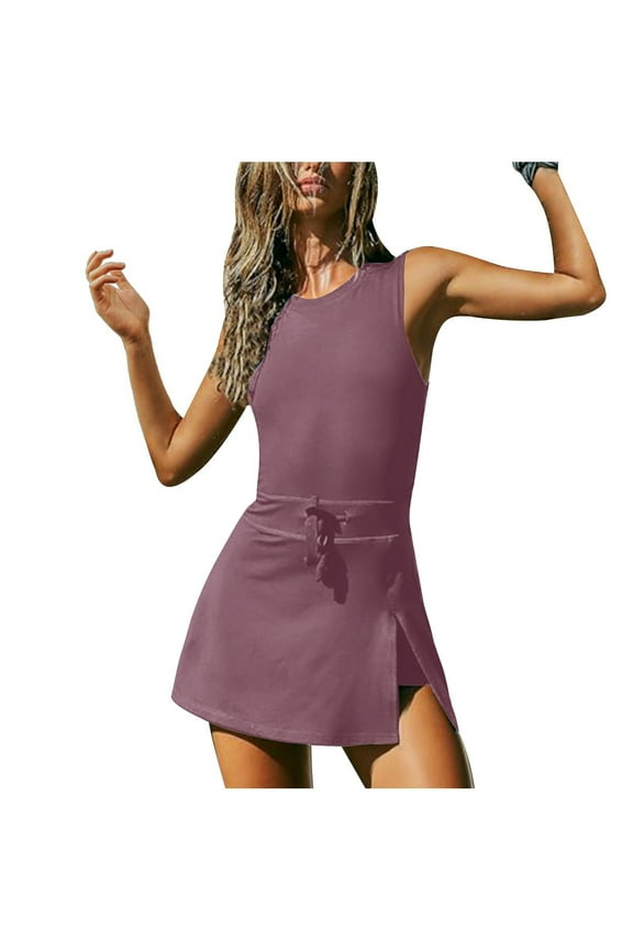 Women's Tennis Dress Sleeveless Crew Neck Open Back Side Split Mini Workout Dress with Built in Shorts Summer Athletic Dresses