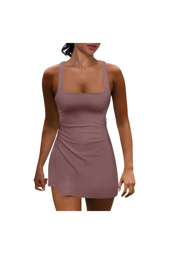 Women's Tennis Dress with Built in Shorts Spaghetti Strap Square Neck Side Split Active Sleeveless Jumpsuits Athletic Short Rompers