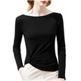 thumbnail image 1 of Lenpel Women's Thermal Shirts Cotton Long Sleeve Boat Neck Side Twist Slim T-Shirts Base Layer Tops Casual Tee Blouses(Black,X-Large), 1 of 3