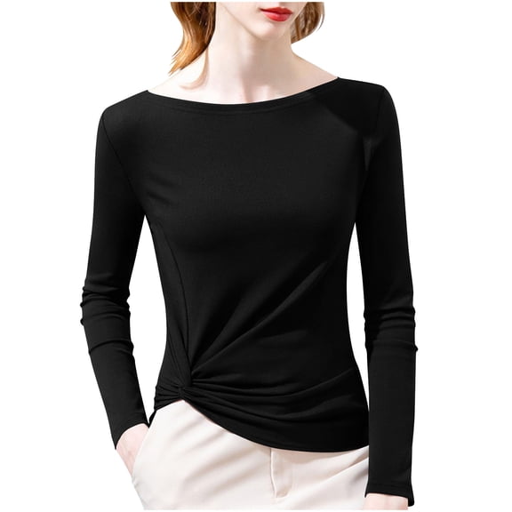 Lenpel Women's Thermal Shirts Cotton Long Sleeve Boat Neck Side Twist Slim T-Shirts Base Layer Tops Casual Tee Blouses(Black,X-Large)