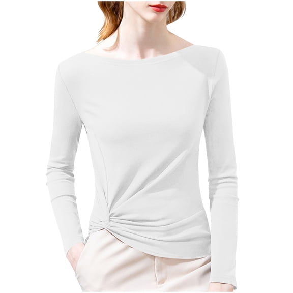 Lenpel Women's Thermal Shirts Cotton Long Sleeve Boat Neck Side Twist Slim T-Shirts Base Layer Tops Casual Tee Blouses(White,Medium)