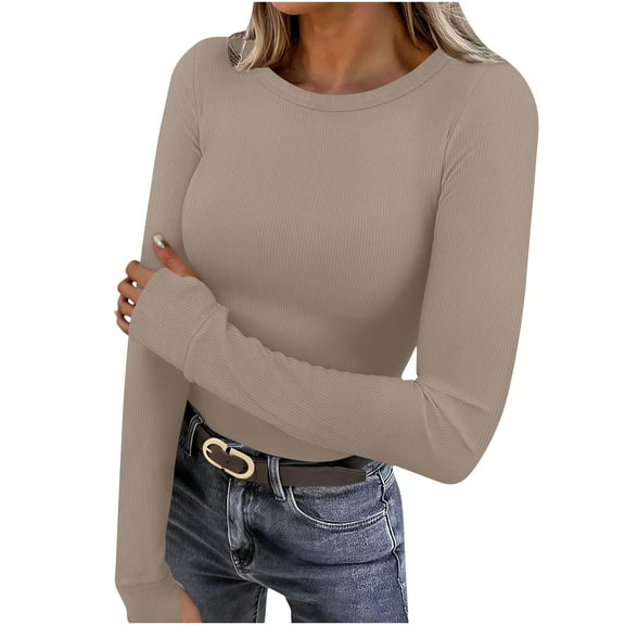 Lenpel Women's Thermal Shirts Fleece Lined Long Sleeve Crew Neck Ribbed Knit Slim T-Shirts Base Layer Tops Casual Tee Blouses(Khaki,Medium)
