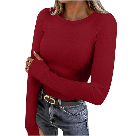 Lenpel Women's Thermal Shirts Fleece Lined Long Sleeve Crew Neck Ribbed Knit Slim T-Shirts Base Layer Tops Casual Tee Blouses(Red,X-Large)