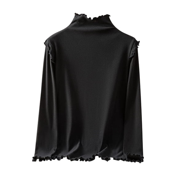 Lenpel Women's Thermal Shirts Fleece Lined Long Sleeve Mock Neck Ruffle Trim Base Layer Tops Fall Winter Basic Undershirts(Black,Medium)