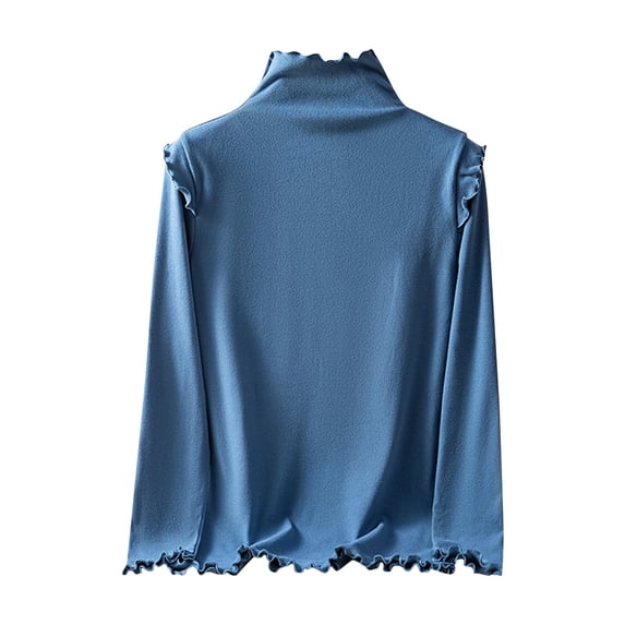 Lenpel Women's Thermal Shirts Fleece Lined Long Sleeve Mock Neck Ruffle Trim Base Layer Tops Fall Winter Basic Undershirts(Blue,XX-Large)