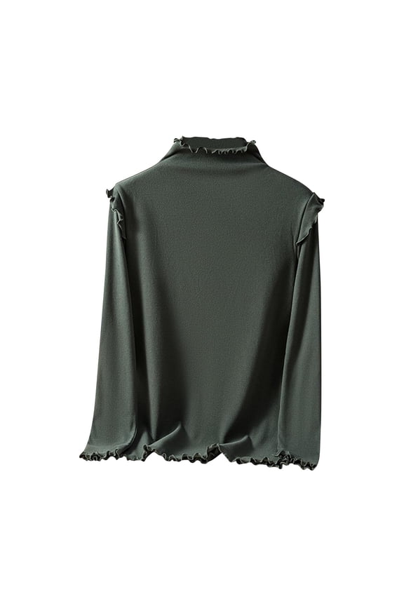 Women's Thermal Shirts Fleece Lined Long Sleeve Mock Neck Ruffle Trim Base Layer Tops Fall Winter Basic Undershirts(Green,Medium)