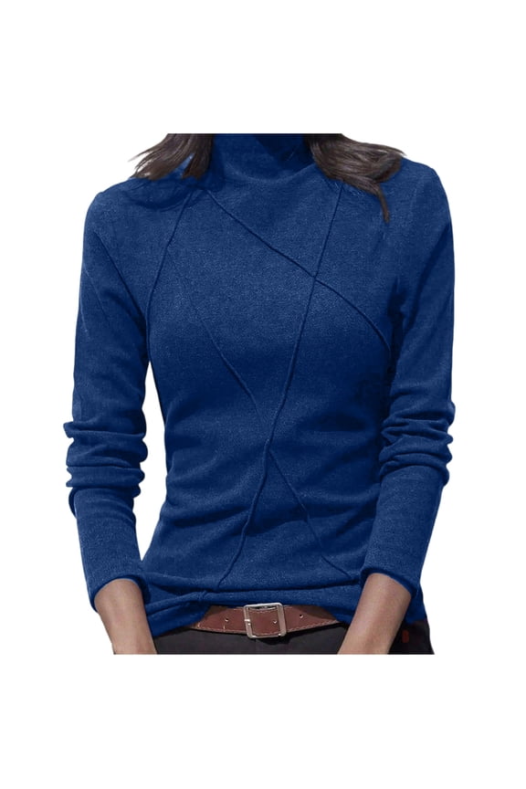 Women's Thermal Shirts Fleece Lined Turtleneck Long Sleeve Pleated Front Slim Base Layer Tops Soft Undershirts(Blue,Medium)