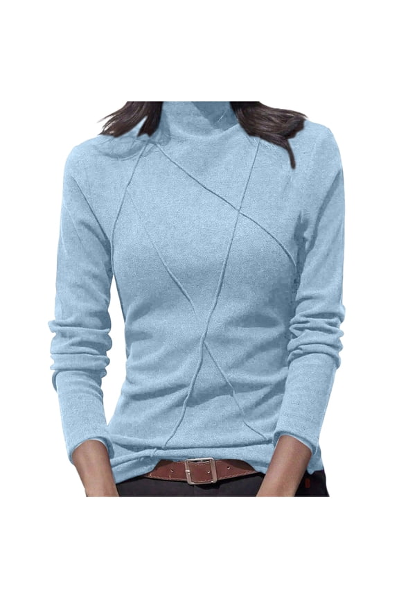 Women's Thermal Shirts Fleece Lined Turtleneck Long Sleeve Pleated Front Slim Base Layer Tops Soft Undershirts(Sky Blue,Large)