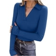 thumbnail image 1 of Lenpel Women's Thermal Shirts Long Sleeve V Neck Collared Ribbed Knit Slim T-Shirts Base Layer Tops with Thumb Holes(Blue,Medium), 1 of 7
