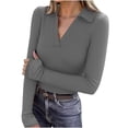 thumbnail image 1 of Lenpel Women's Thermal Shirts Long Sleeve V Neck Collared Ribbed Knit Slim T-Shirts Base Layer Tops with Thumb Holes(Gray,XX-Large), 1 of 7