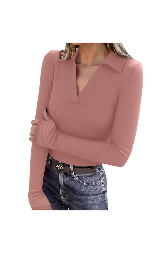 Women's Thermal Shirts Long Sleeve V Neck Collared Ribbed Knit Slim T-Shirts Base Layer Tops with Thumb Holes(Pink,X-Large)