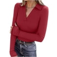 thumbnail image 1 of Lenpel Women's Thermal Shirts Long Sleeve V Neck Collared Ribbed Knit Slim T-Shirts Base Layer Tops with Thumb Holes(Red,X-Large), 1 of 7