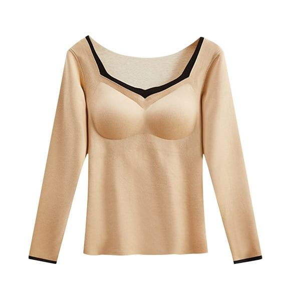 Lenpel Women's Thermal Underwear Tops with Built in Bra Soft Scoop Neck Fleece Undershirts Long Sleeve Base Layer