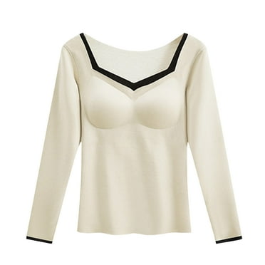 Lenpel Women's Thermal Underwear Tops with Built in Bra Soft Scoop Neck Fleece Undershirts Long Sleeve Base Layer