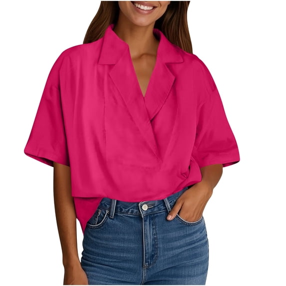 Lenpel Women's Tops Fashion Summer Short Sleeve V Neck Lapel Solid Color Loose T Shirts Dressy Casual Blouses