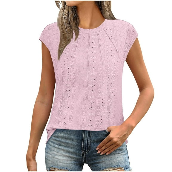 Lenpel Women's Tops Trendy Crew Neck Cap Sleeve Eyelet Embroidered Pleated T Shirts Summer Tunic Blouses