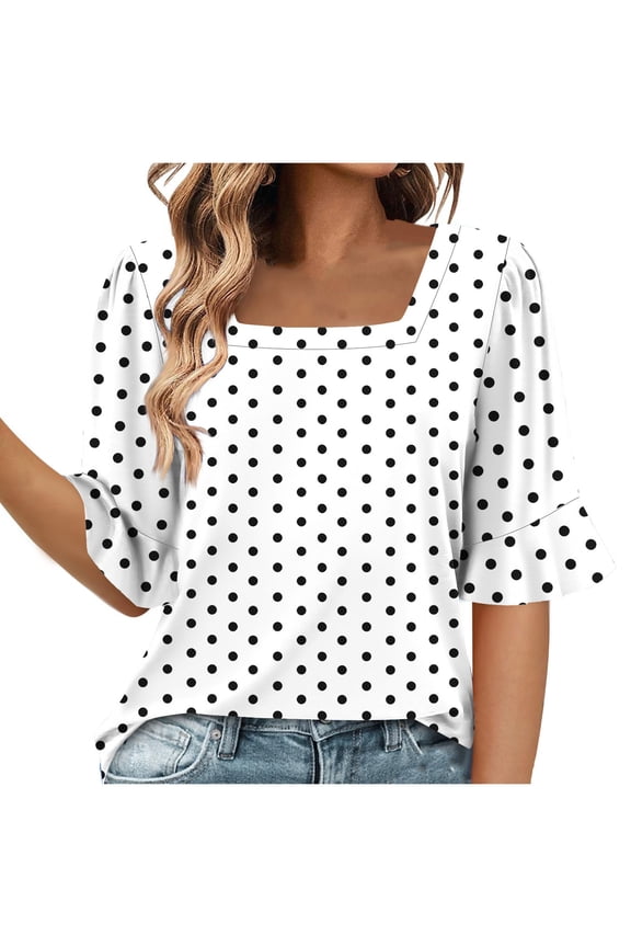 Women's Tops Trendy Spring Summer Ruffle Half Sleeve Square Neck Printed Casual T-Shirts Loose Tunic Tee Blouses