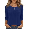 thumbnail image 1 of Lenpel Women's Tops 3/4 Length Sleeve Crew Neck Quarter Button Pleated T Shirts Dressy Casual Tees Loose Tunic Blouses(Blue,Medium), 1 of 4