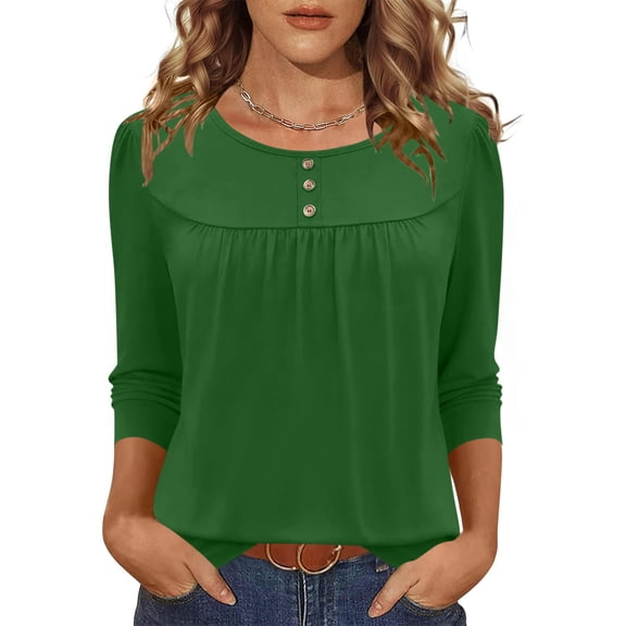 Lenpel Women's Tops 3/4 Length Sleeve Crew Neck Quarter Button Pleated T Shirts Dressy Casual Tees Loose Tunic Blouses(Green,XX-Large)