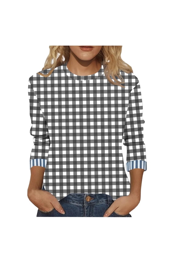 Women's Tops 3/4 Length Sleeve Plus Size Crew Neck Plaid T Shirts Loose Tunic Blouses Soft Casual Tees(Gray,Large)