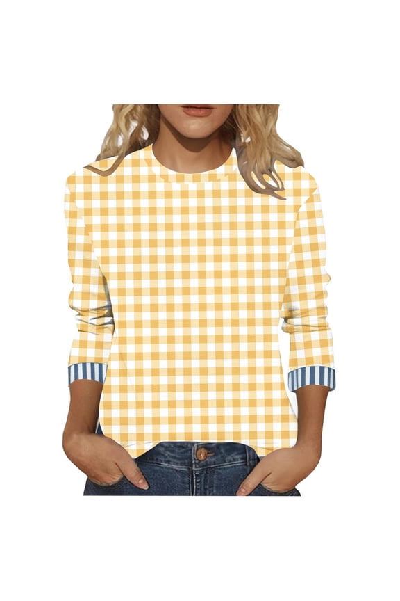 Women's Tops 3/4 Length Sleeve Plus Size Crew Neck Plaid T Shirts Loose Tunic Blouses Soft Casual Tees(Yellow,3X-Large)