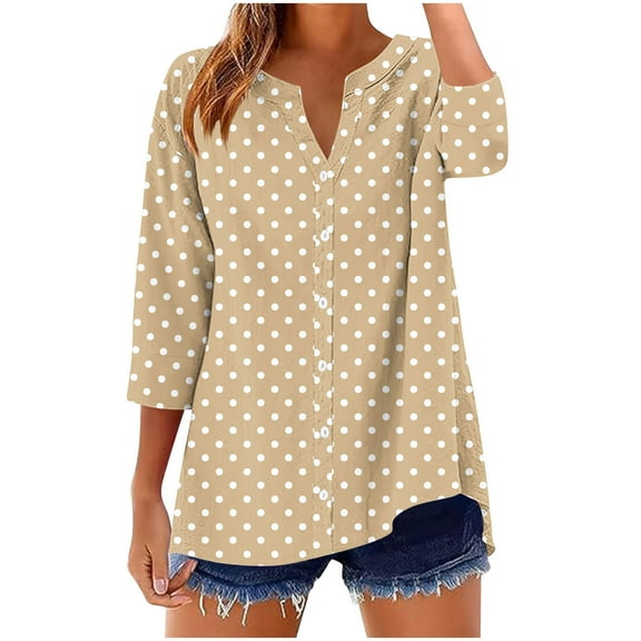 Lenpel Women's Tops 3/4 Length Sleeve V Neck Printed Button down Shirts Loose Tunic Blouses Casual Graphic Shirts(Khaki,X-Large)