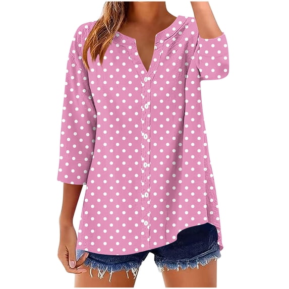 Lenpel Women's Tops 3/4 Length Sleeve V Neck Printed Button down Shirts Loose Tunic Blouses Casual Graphic Shirts(Pink,X-Large)