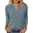 thumbnail image 1 of Lenpel Women's Tops 3/4 Length Sleeve V Neck Quarter Button Ribbed Knit T Shirts Soft Casual Tees Loose Tunic Blouses(Light Blue,X-Large), 1 of 7