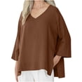 thumbnail image 1 of Lenpel Women's Tops 3/4 Length Sleeve V Neck Split Hem Solid Color T Shirts Casual Loose Tee Blouses Spring Summer Clothes(Coffee,3X-Large), 1 of 7