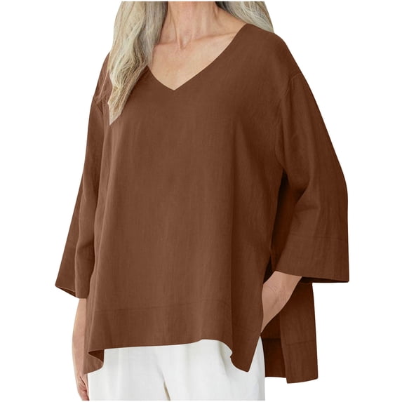 Lenpel Women's Tops 3/4 Length Sleeve V Neck Split Hem Solid Color T Shirts Casual Loose Tee Blouses Spring Summer Clothes(Coffee,3X-Large)