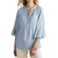 thumbnail image 1 of Lenpel Women's Tops Bell Ruffle 3/4 Length Sleeve V Neck Quarter Button Pleated T-Shirts Loose Tunic Blouses Dressy Casual Tees, 1 of 7