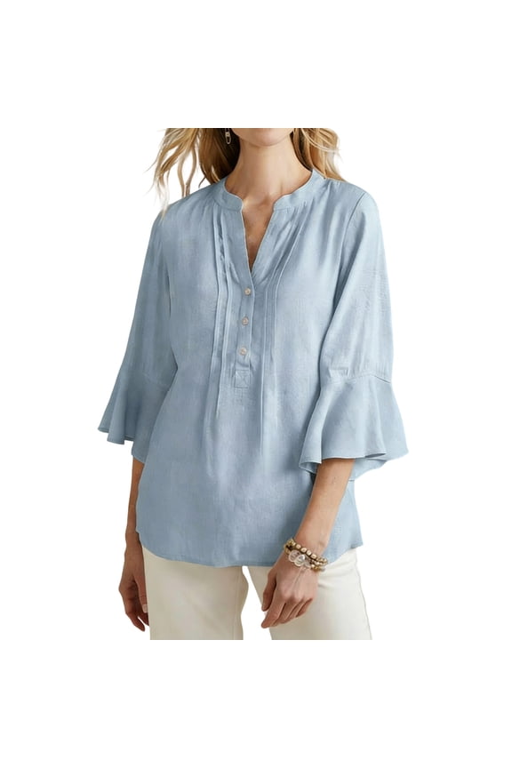 Women's Tops Bell Ruffle 3/4 Length Sleeve V Neck Quarter Button Pleated T-Shirts Loose Tunic Blouses Dressy Casual Tees