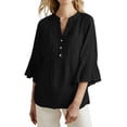 thumbnail image 1 of Lenpel Women's Tops Bell Ruffle 3/4 Length Sleeve V Neck Quarter Button Pleated T-Shirts Loose Tunic Blouses Dressy Casual Tees, 1 of 7
