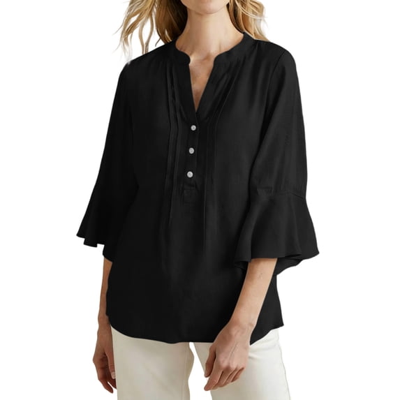 Lenpel Women's Tops Bell Ruffle 3/4 Length Sleeve V Neck Quarter Button Pleated T-Shirts Loose Tunic Blouses Dressy Casual Tees
