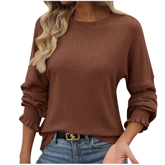 Lenpel Women's Tops Cotton Ruffle Lantern Long Sleeve Crewneck Solid Color Ribbed T Shirts Loose Casual Tee Blouses(Brown,Medium)