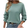 thumbnail image 1 of Lenpel Women's Tops Cotton Ruffle Lantern Long Sleeve Crewneck Solid Color Ribbed T Shirts Loose Casual Tee Blouses(Green,Medium), 1 of 4