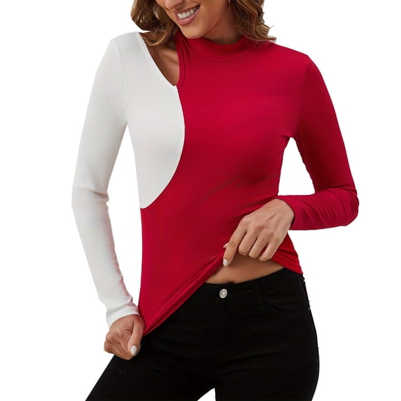 Lenpel Women's Tops Cut out Long Sleeve Mock Neck Color Block Ribbed Knit Slim T Shirts Going out Tee Blouses(Wine,Medium)