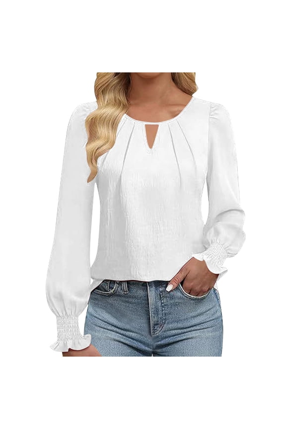 Women's Tops Dressy Casual Crew Neck Hollow out Pleated Front Puff Long Sleeve Shirts Tunic Loose Blouses