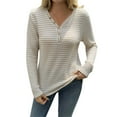 thumbnail image 1 of Lenpel Women's Tops Fashion Long Sleeve V Neck Quarter Button Striped Knitted T Shirts Loose Casual Tunic Blouses(Beige,Medium), 1 of 7