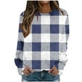 thumbnail image 1 of Lenpel Women's Tops Flannel Casual Crew Neck Plaid Long Sleeve Shirts Fuzzy Warm Pullovers Loose Plush Sweatshirts(Blue,XX-Large), 1 of 5